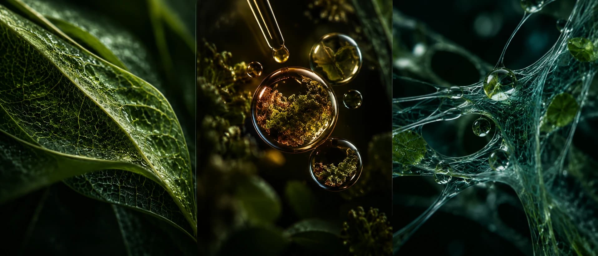 Composição botânica em três partes: membrana vegetal verde, gota âmbar de laboratório e trama de fibras verde-azulada