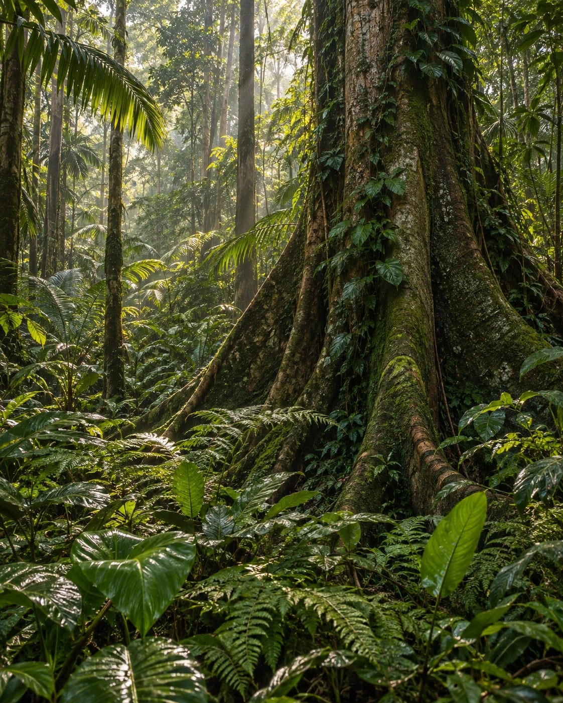 Interior de floresta tropical com raízes, folhas e luz natural entre as árvores; imagem conceitual